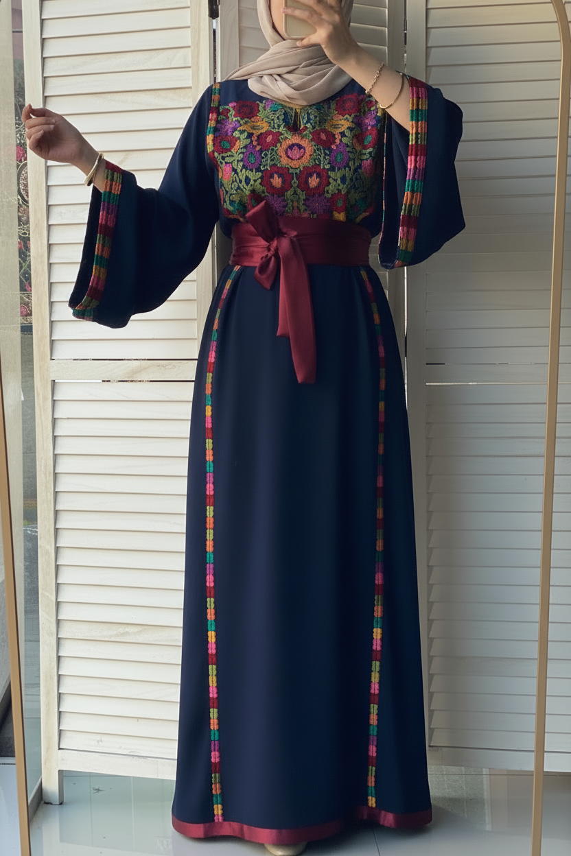 Elegant Navy Ward Thob With Manajil Details and Satin Belt