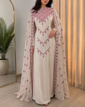 NAJMA Very Unique Beige Dress with Red and Pink Embroidery and Flowy Shoulder Drapess