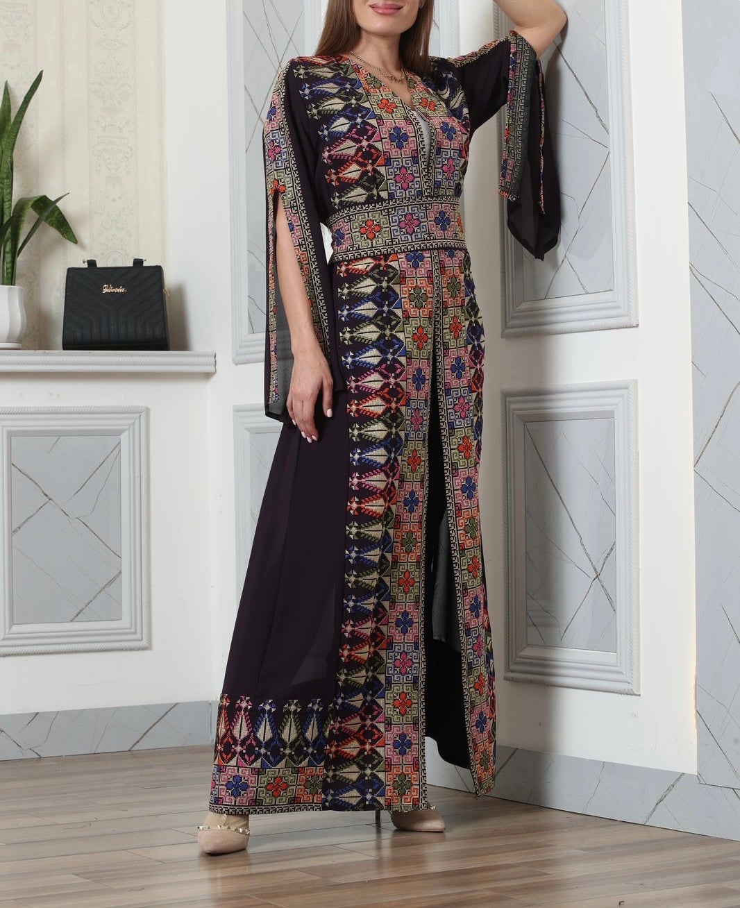 Purple And Colorful Embroidery Chiffon Open Abaya Kaftan Maxi Dress Long Split Sleeve Purple And Colorful Embroidery Chiffon Open Abaya Kaftan Maxi Dress Long Split Sleeve