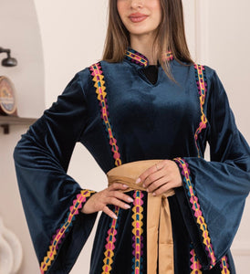 Blue Velvet Elegance Stripes Embroidered Dress with Satin Belt 42/(L)