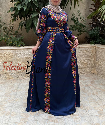 Navy Satin Flowy Thob Dress With Colored Gorgeous Embroidery