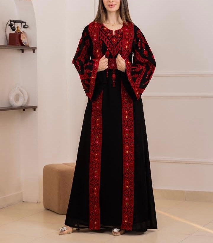 Rawnaq Black With Red Dress and Abaya Set with Palestinian Embroidery Rawnaq Black With Red Dress and Abaya Set with Palestinian Embroidery