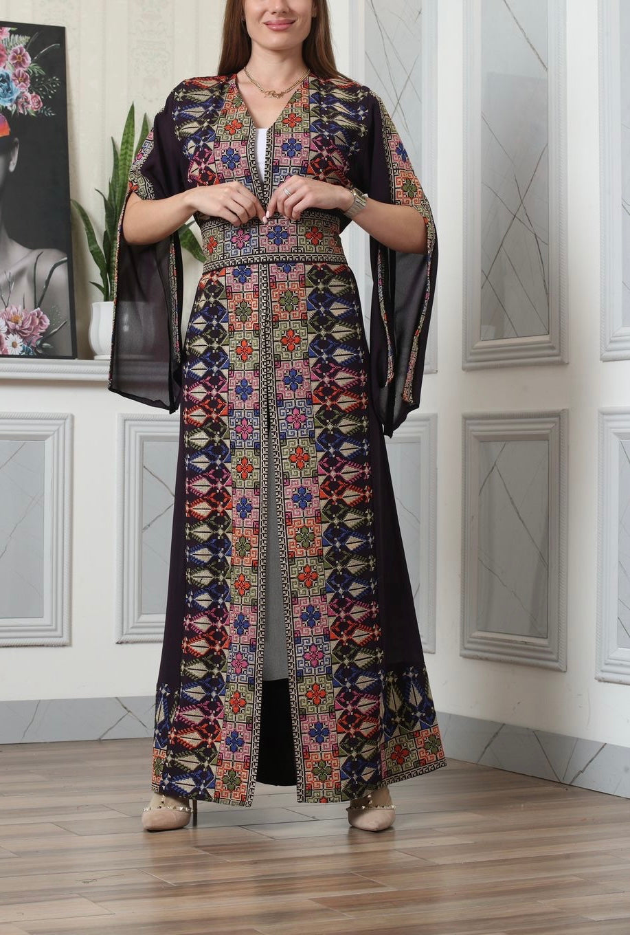 Purple And Colorful Embroidery Chiffon Open Abaya Kaftan Maxi Dress Long Split Sleeve Purple And Colorful Embroidery Chiffon Open Abaya Kaftan Maxi Dress Long Split Sleeve