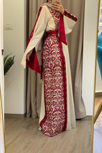 Rahaf Most Elegant Beige and Red Embroidered Thob with Satin and Manajil Details