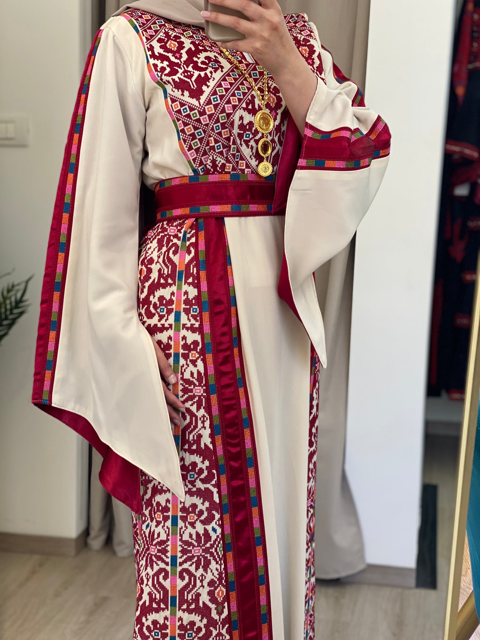 palestinian dress for women Rahaf Most Elegant Beige and Red Embroidered Thob with Satin and Manajil Details