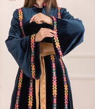 Blue Velvet Elegance Stripes Embroidered Dress with Satin Belt