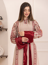 Karmel Beige Embroidered Thob Dress with Satin Sleeves Details