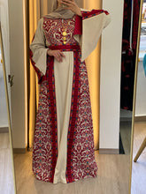 Rahaf Most Elegant Beige and Red Embroidered Thob with Satin and Manajil Details
