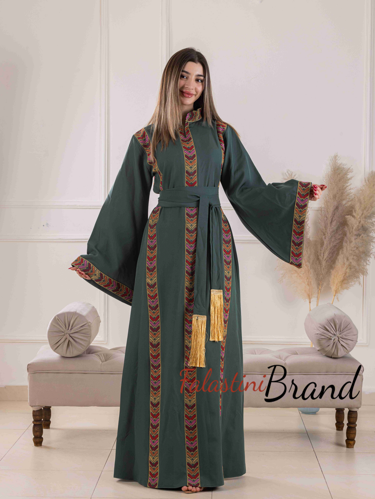 Elegant Palestinian Green Embroidered Stripes Abaya Dress with Wide Sleeves Elegant Palestinian Green Embroidered Stripes Abaya Dress with Wide Sleeves