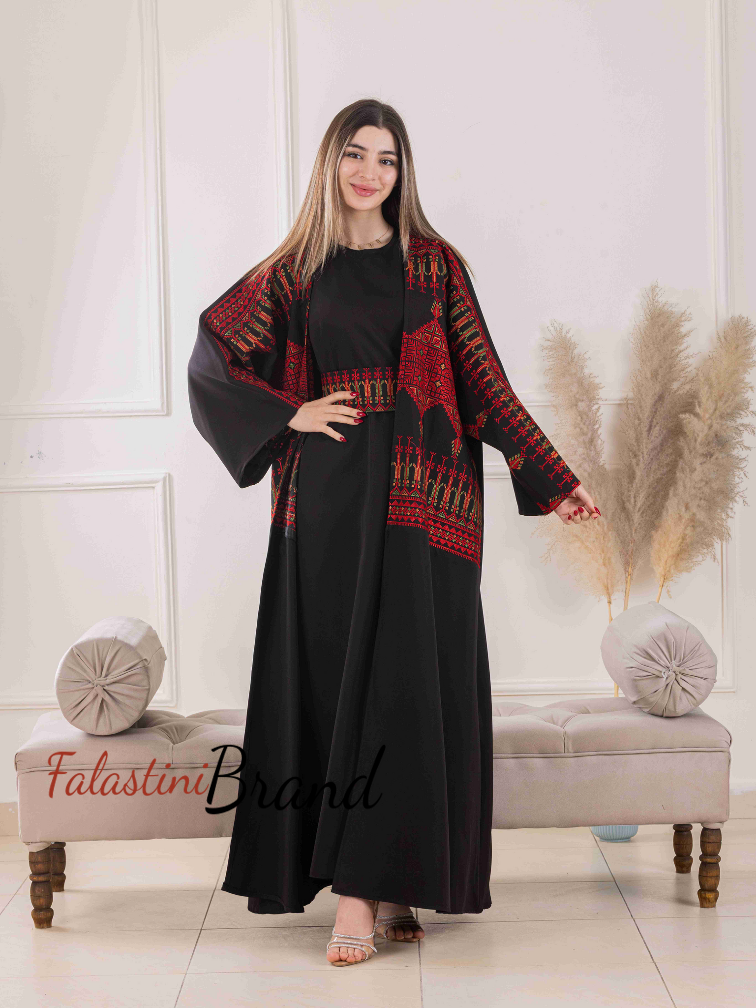 Elegant Black Dress and Abaya Set with Palestinian Embroidery Elegant Black Dress and Abaya Set with Palestinian Embroidery