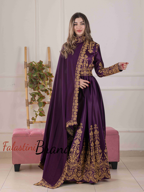 Luxurious Purple Dress with Golden Embroidery and Neck Drape Details 42/(L)