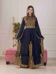 Flowy and Glamorous Navy Blue and Golden Satin Dress with Rhinestones Flowy and Glamorous Navy Blue and Golden Satin Dress with Rhinestones