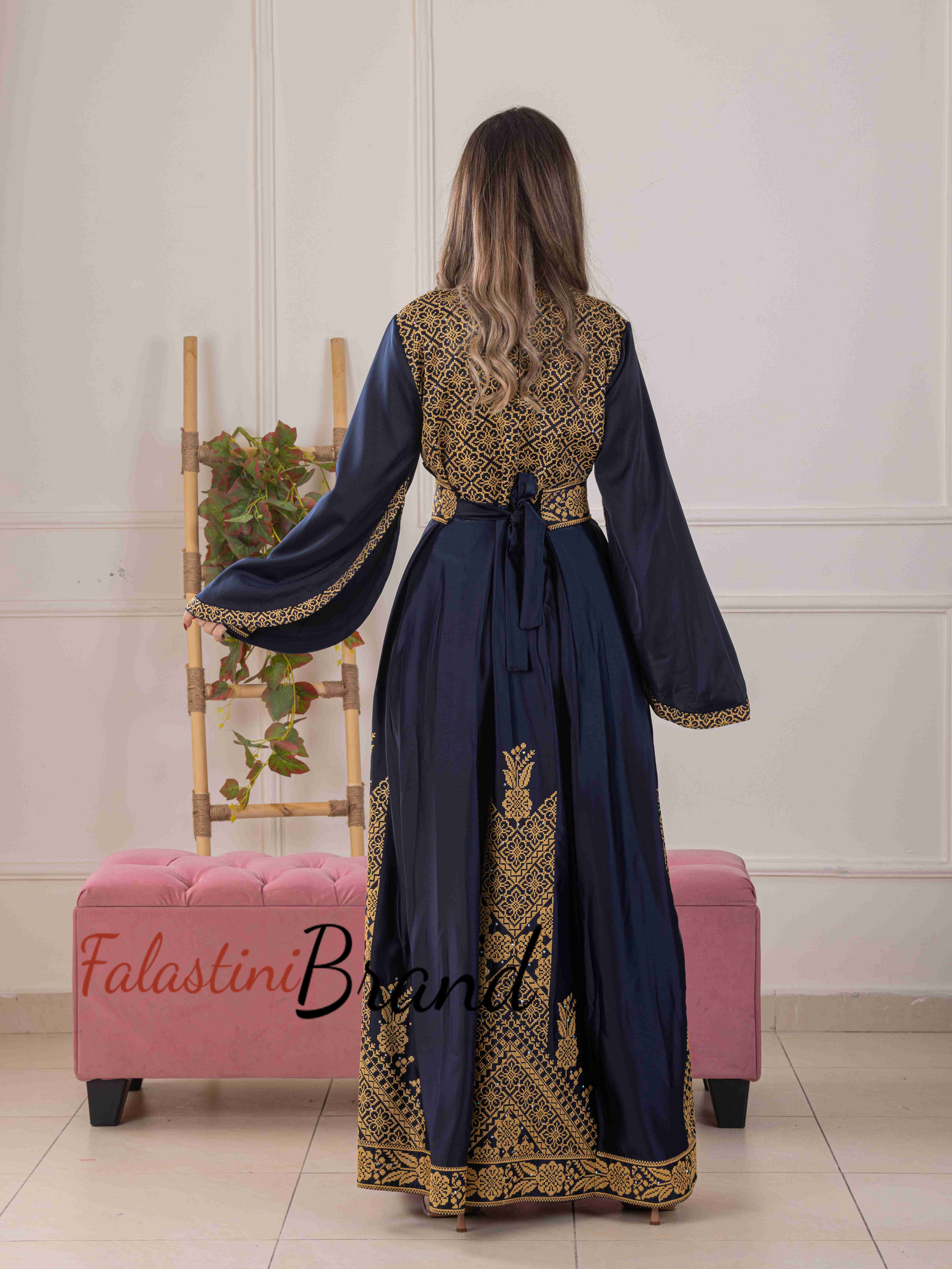 Flowy and Glamorous Navy Blue and Golden Satin Dress with Rhinestones Flowy and Glamorous Navy Blue and Golden Satin Dress with Rhinestones
