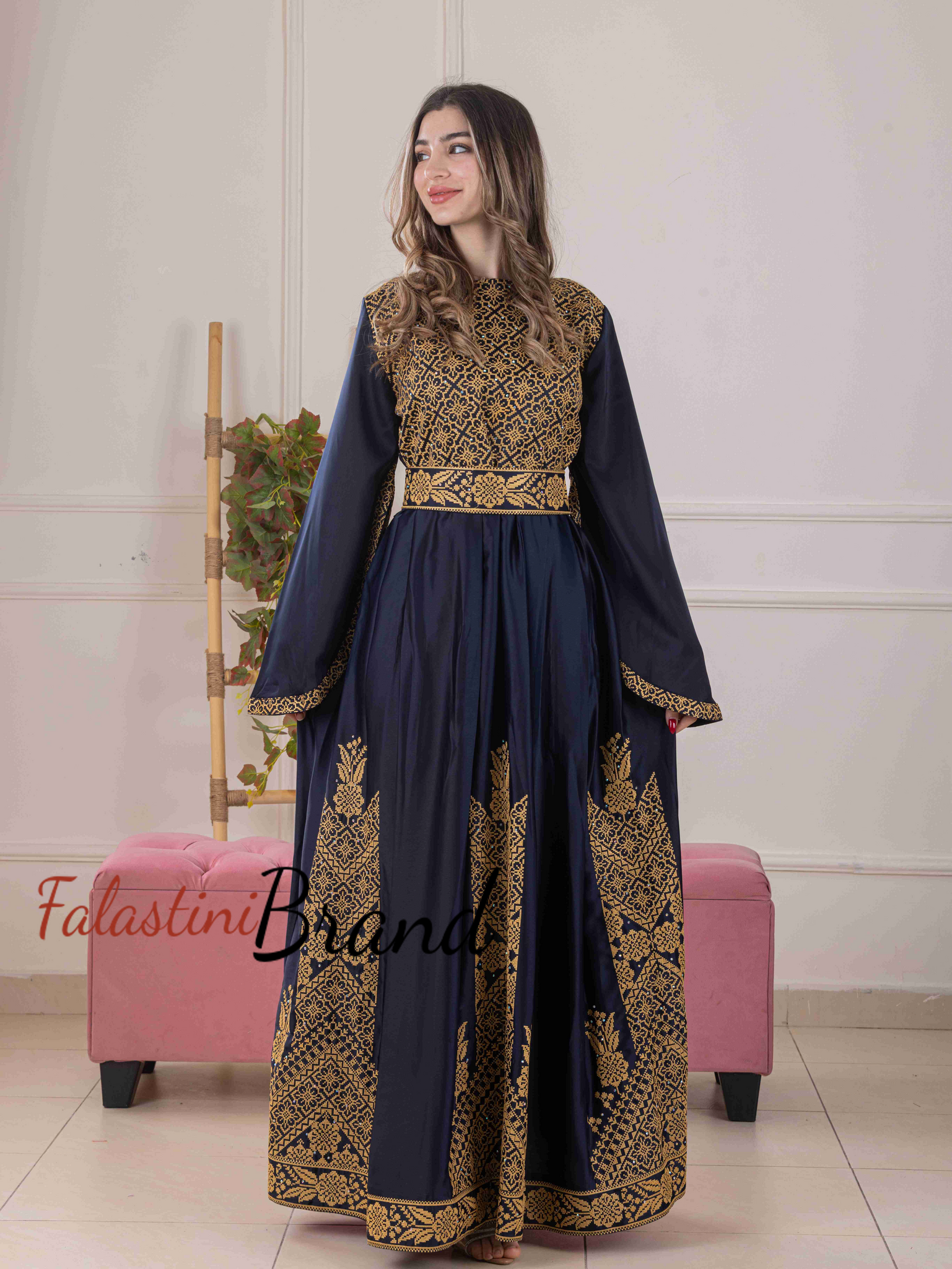 Flowy and Glamorous Navy Blue and Golden Satin Dress with Rhinestones Flowy and Glamorous Navy Blue and Golden Satin Dress with Rhinestones