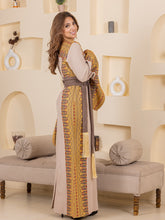 Hooraya Beige and Grey Thob Dress with Golden Embroidery