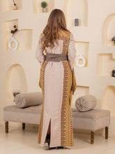 Hooraya Beige and Grey Thob Dress with Golden Embroidery
