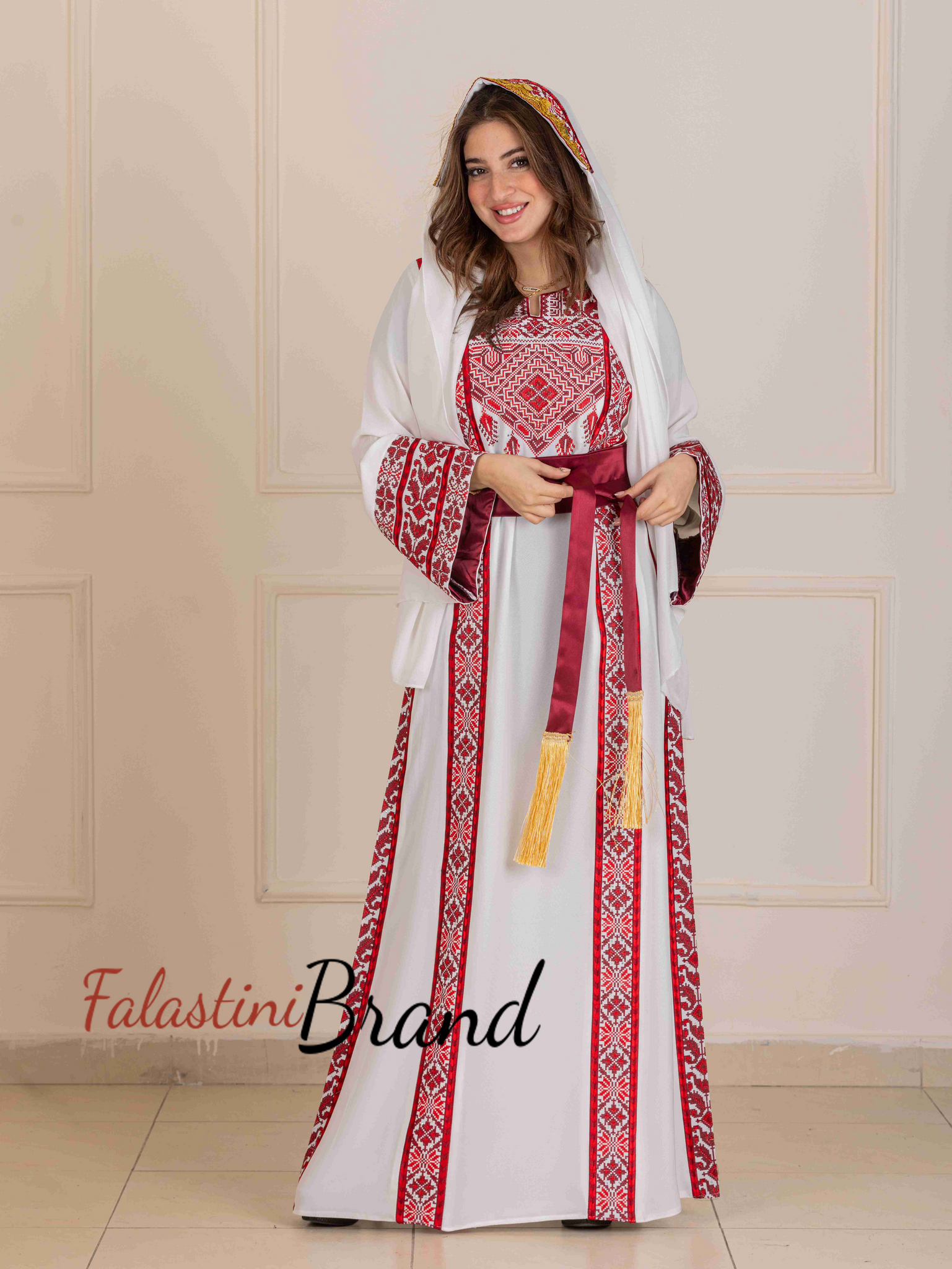 Charming Palestinian White And Red Thobe Dress with Head Scarf Charming Palestinian White And Red Thobe Dress with Head Scarf