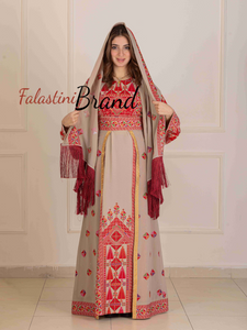 Lavish Beige and Red Thob Dress with Detachable Back Skirt and Head Scarf 48/(3XL) Lavish Beige and Red Thob Dress with Detachable Back Skirt and Head Scarf 48/(3XL)