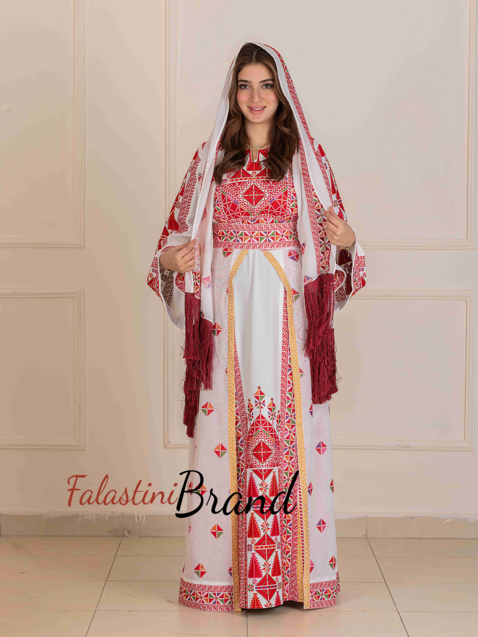red dress with white scarf Red Scoop Neck Corduroy Dress for Fall