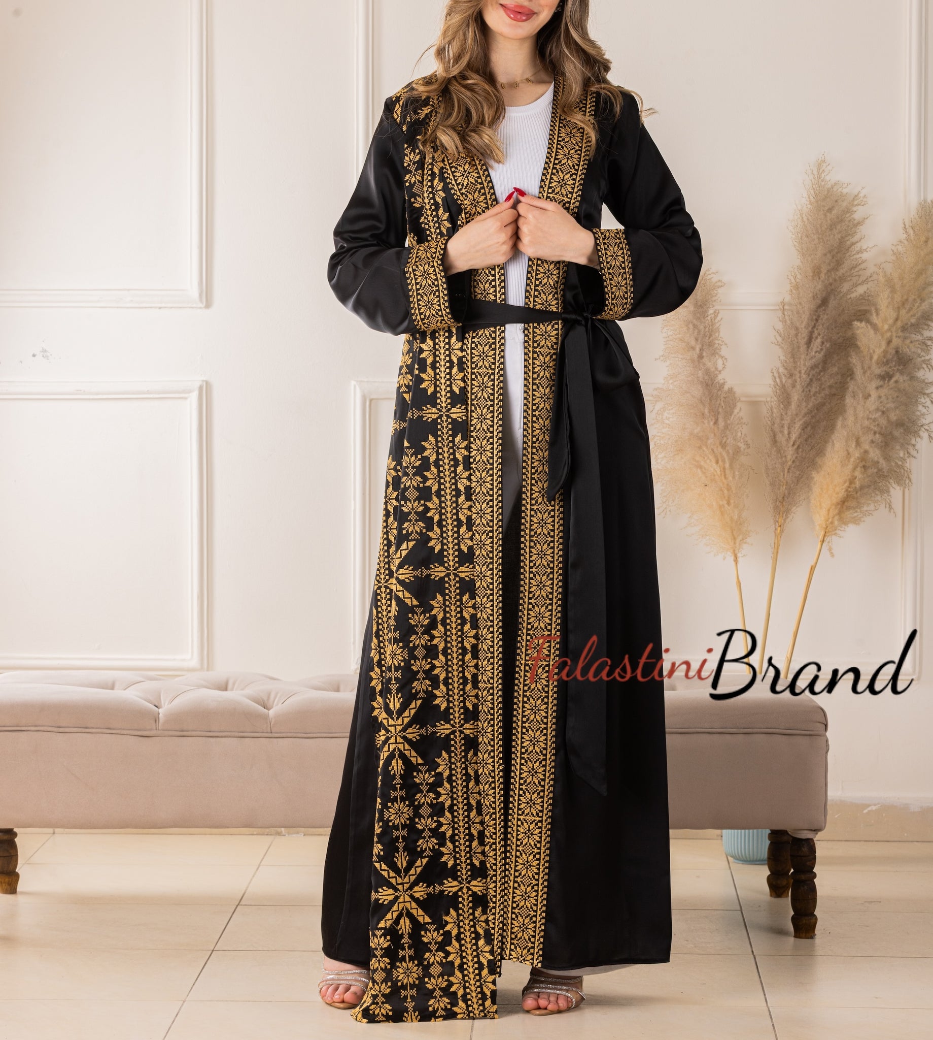 Trending Palestinian Black and Golden Embroidered Open Abaya with Attached Embroidered Drape Trending Palestinian Black and Golden Embroidered Open Abaya with Attached Embroidered Drape