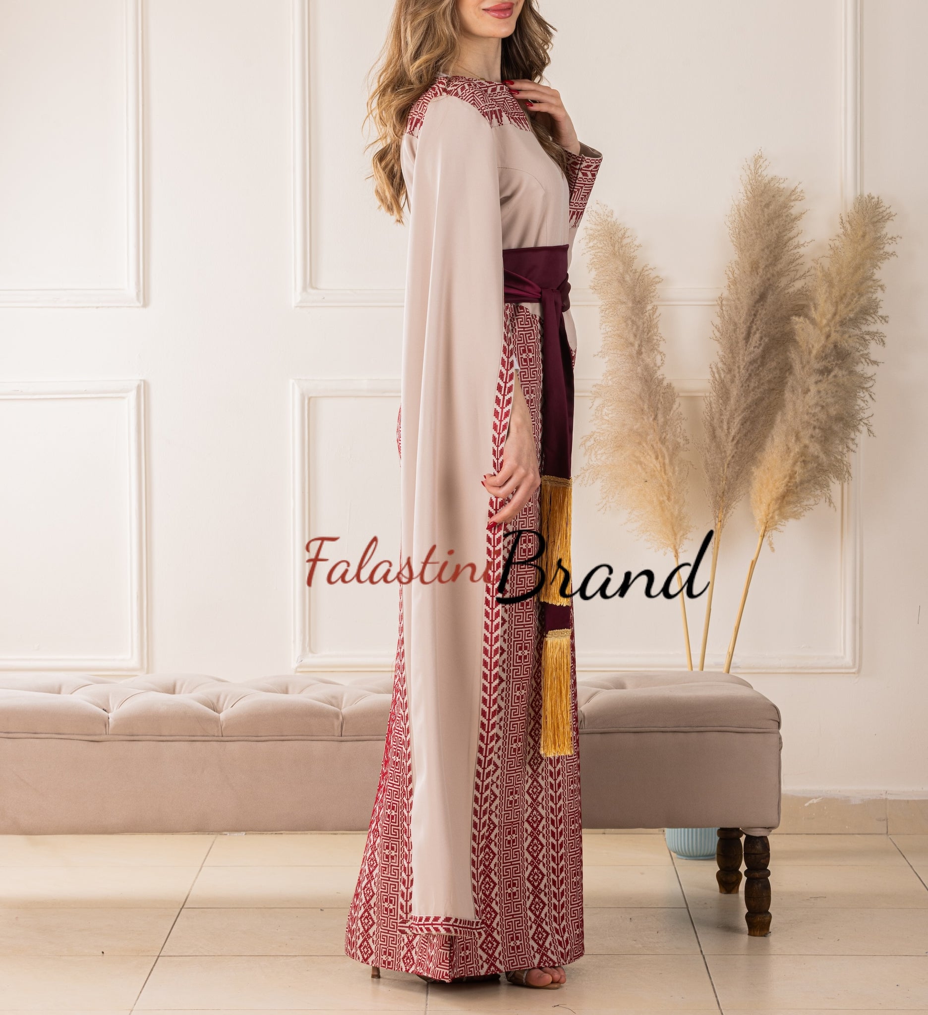 Stylish Mermaid Beige and Burgundy Palestinian Embroidered Dress with Drape Details and Satin Belt Stylish Mermaid Beige and Burgundy Palestinian Embroidered Dress with Drape Details and Satin Belt