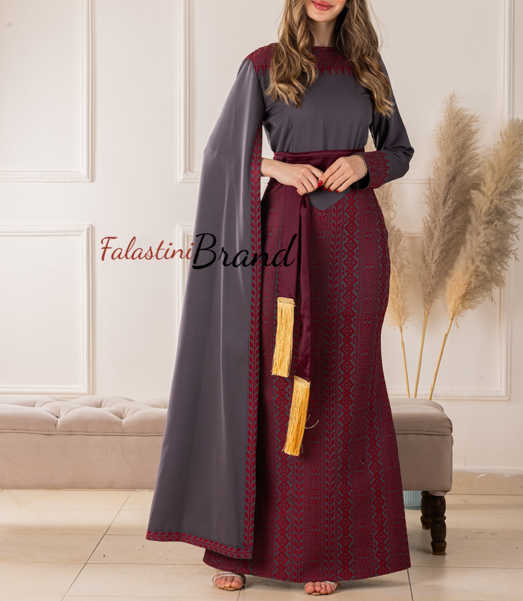 Stylish Mermaid Grey and Burgundy Palestinian Embroidered Dress with Drape Details and Satin Belt 44/(XL) Stylish Mermaid Grey and Burgundy Palestinian Embroidered Dress with Drape Details and Satin Belt 44/(XL)