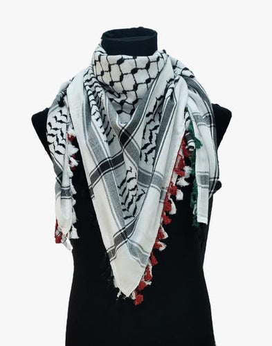 Original Black and White Hirbawi Kufiya/Kufiyyeh/Keffiyeh with Palestine Flag Colored Tassels