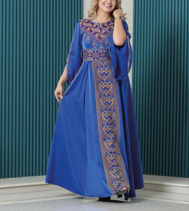 Gorgeous Blue Satin  Dress With Golden Embroidery