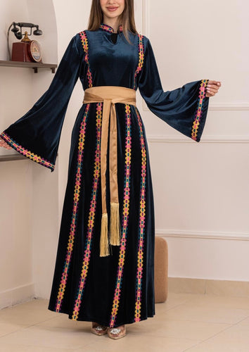 Blue Velvet Elegance Stripes Embroidered Dress with Satin Belt