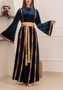 Blue Velvet Elegance Stripes Embroidered Dress with Satin Belt 42/(L)