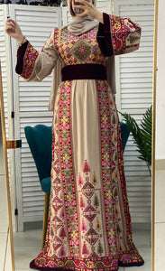 Charming Palestinian Embroidered Beige And Red Thobe Dress Palestinian Embroidery