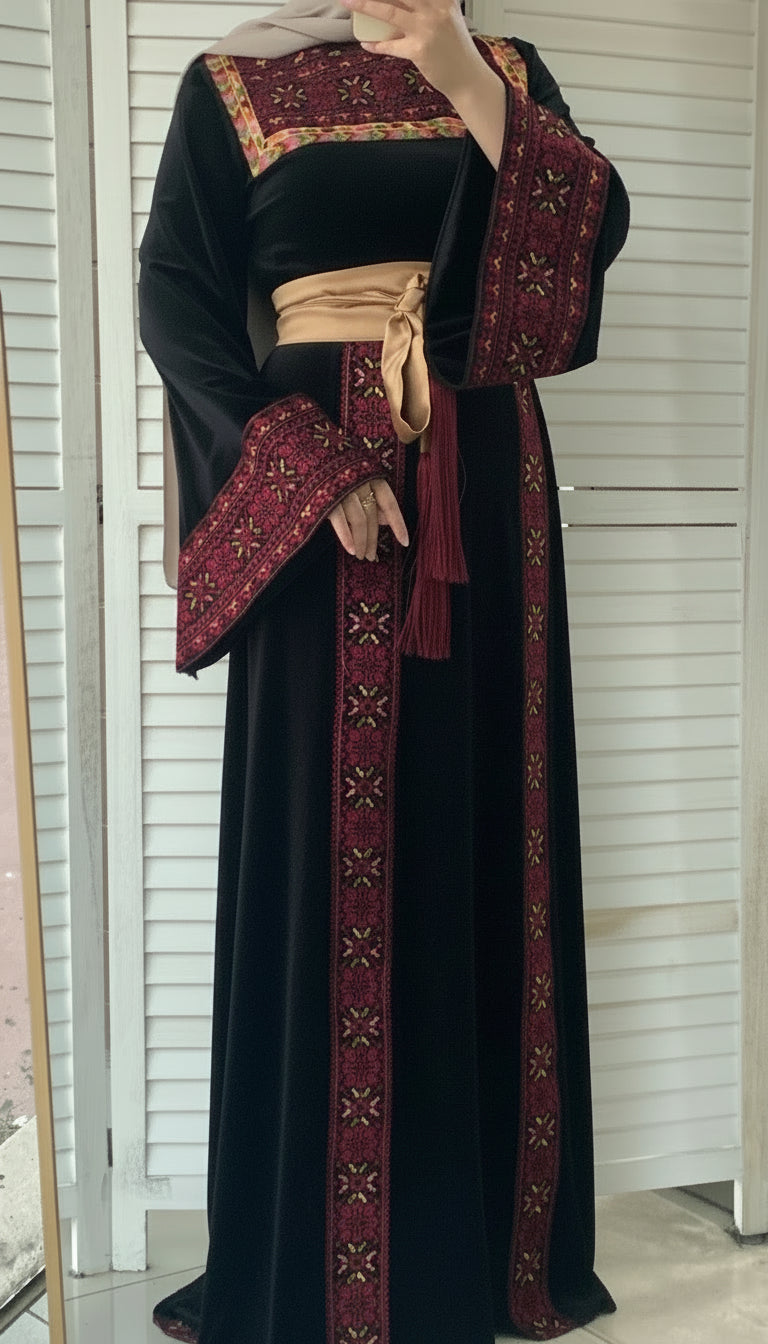 Black Velvet Thob Dress with Red Embroidery and Golden Satin Belt Black Velvet Thob Dress with Red Embroidery and Golden Satin Belt