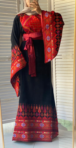 Very Unique Radan Sleeves Black and Red Thobe with Dense Embroidery and Satin Details