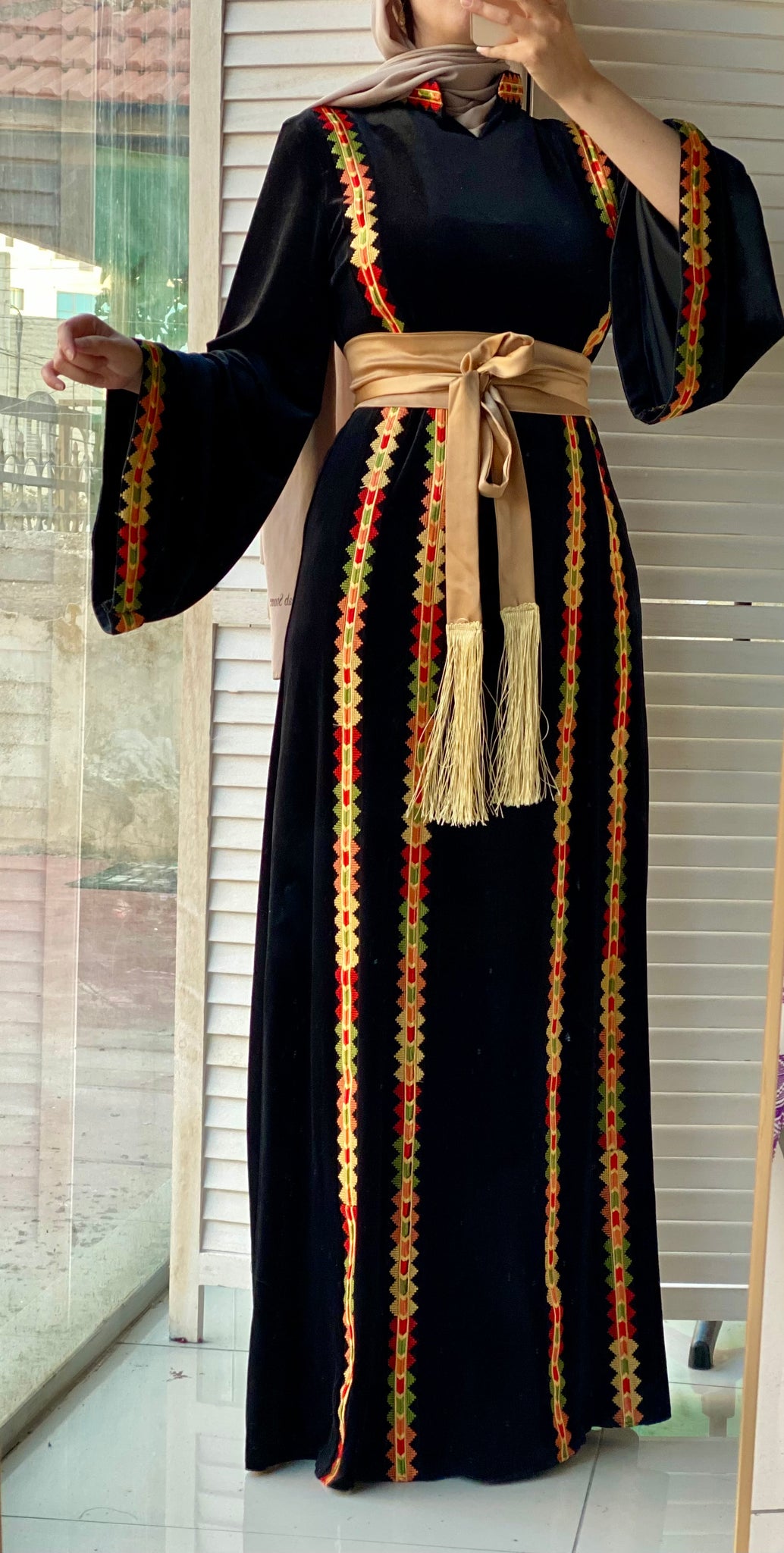 Black Velvet Elegance Stripes Embroidered Dress with Satin Belt Black Velvet Elegance Stripes Embroidered Dress with Satin Belt