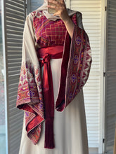 Very Unique Radan Sleeves Beige and Burgundy Thobe with Dense Embroidery and Satin Details
