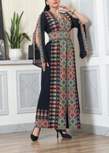 Navy And Colorful Embroidery Chiffon Open Abaya Kaftan Maxi Dress Long Split Sleeve