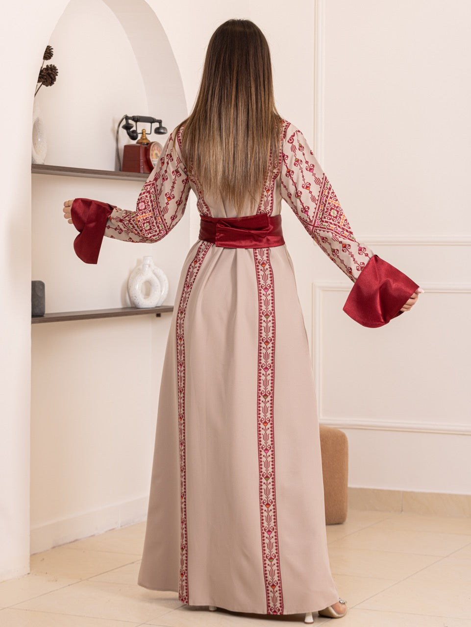 Karmel Beige Embroidered Thob Dress with Satin Sleeves Details 48(3XL)