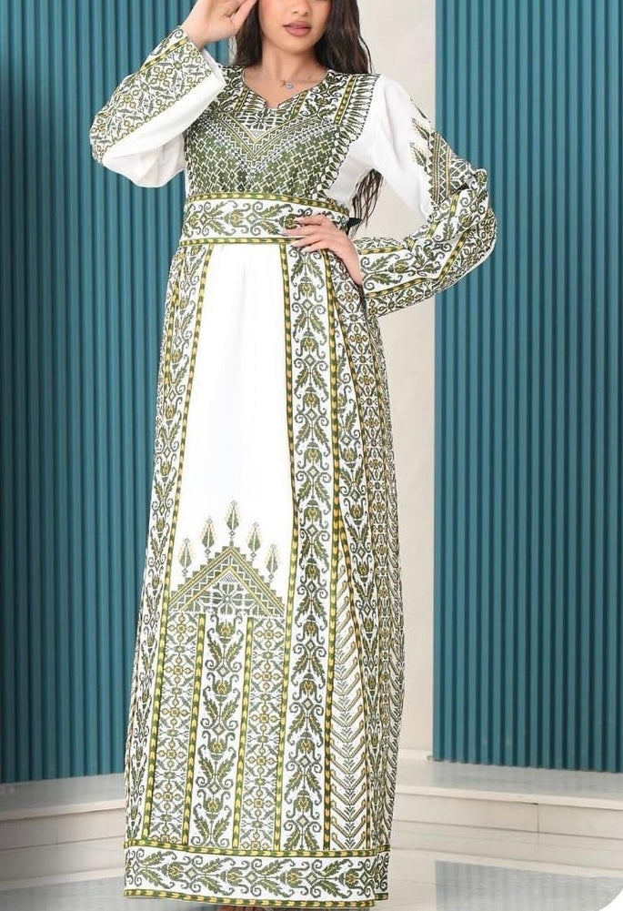 Fabulous Palestinian Embroidered White Thobe Dress with Green Densed Amazing Embroidery 46/(XXL) Fabulous Palestinian Embroidered White Thobe Dress with Green Densed Amazing Embroidery 46/(XXL)