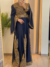 Flowy and Glamorous Navy Blue and Golden Satin Dress with Rhinestones