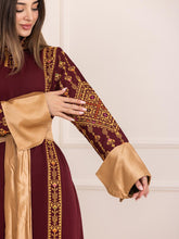 Karmel Burgundy Embroidered Thob Dress with Satin Sleeves Details