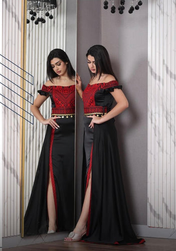 Black and Red Off-Shoulder Palestinian Embroidered Satin Dress with Coins Details