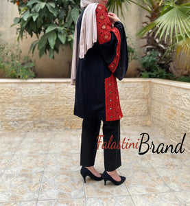 Long Palestinian Red Embroidered Jacket with Flare Sleeves