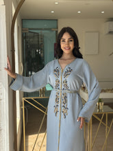 Gorgeous Handmade Long Sleeve Dress with Open Front Silk Abaya Adorned with Gold Foil Patterns (Thleija)