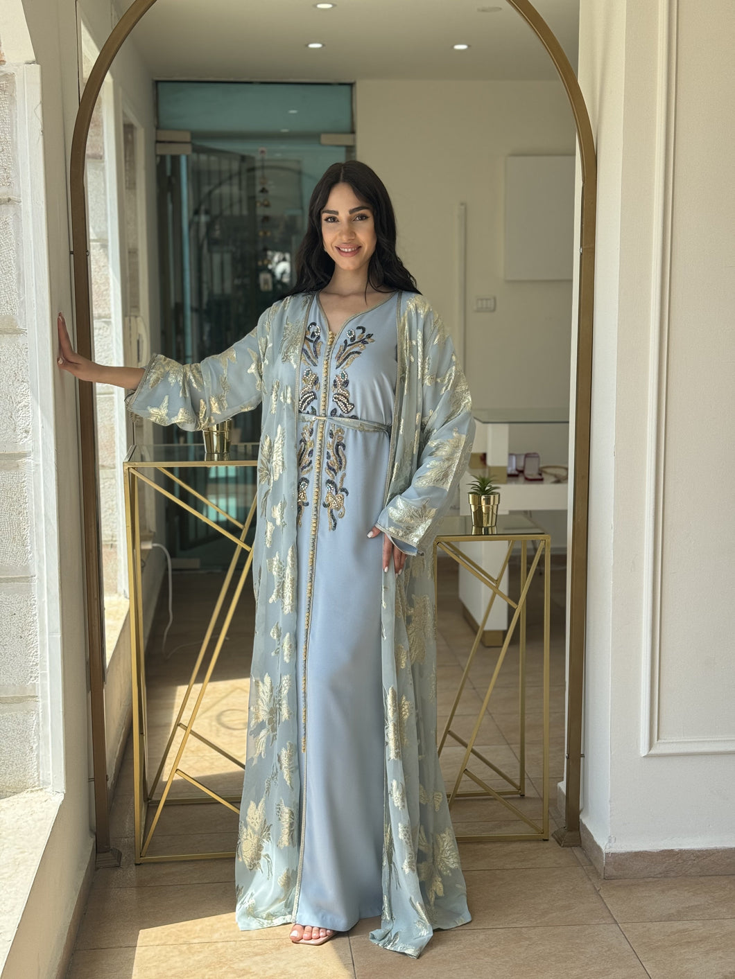 Gorgeous Handmade Long Sleeve Dress with Open Front Silk Abaya Adorned with Gold Foil Patterns (Thleija)