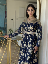 Navy Blue Brocade Caftan with Golden Floral Designs