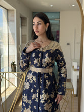 Navy Blue Brocade Caftan with Golden Floral Designs