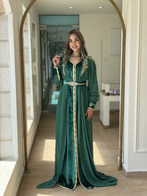 Luxurious Silk Velvet Green Caftan with Elegant Chiffon Cape