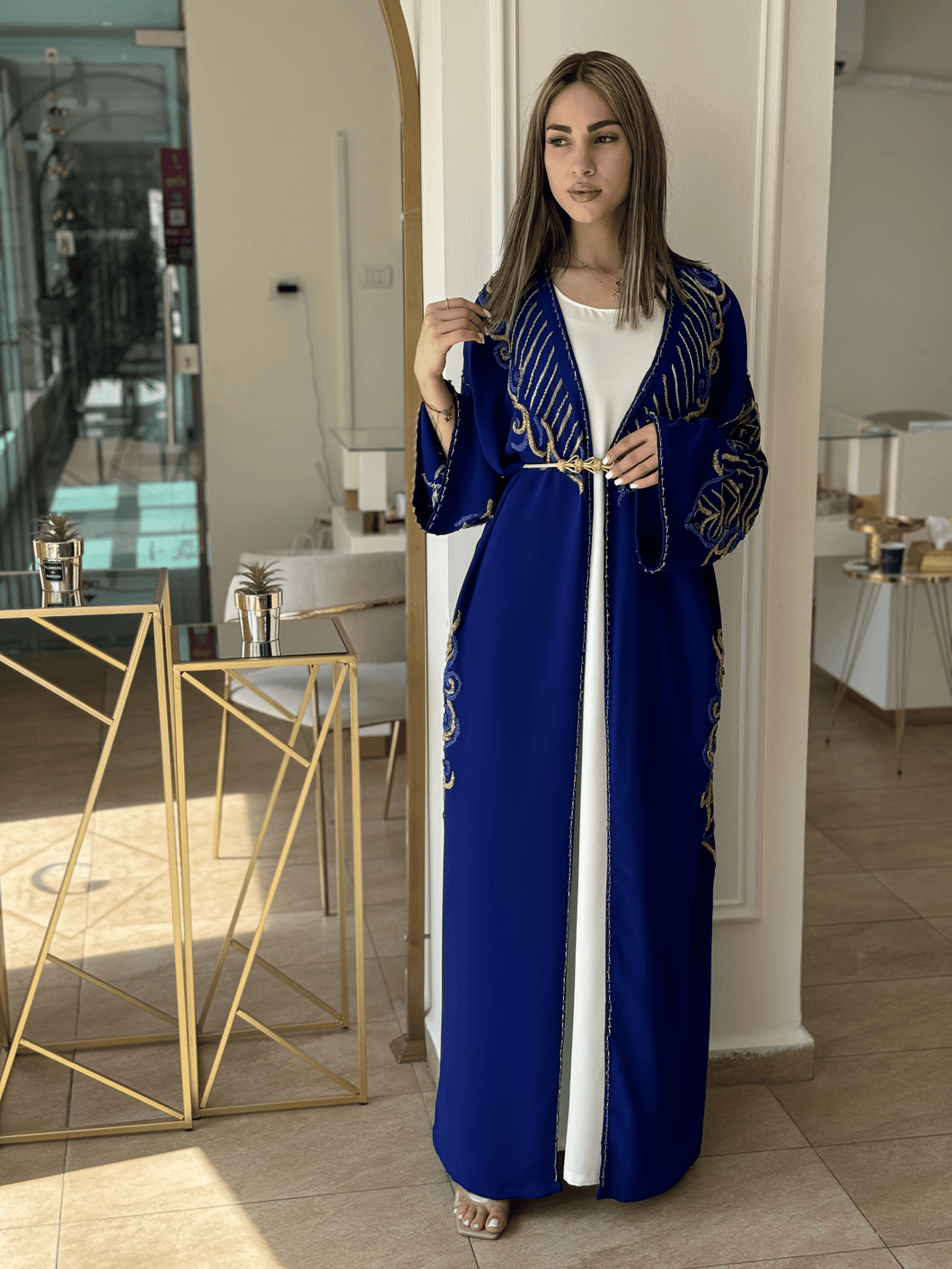 Elegant Navy Blue Handmade Moroccan Open-Front Djellaba with Belt