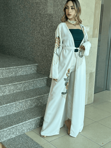 Elegant Off-White Handmade Moroccan Open-Front Djellaba with Belt