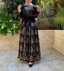 Elegant Black And Beige Embroidered Skirt